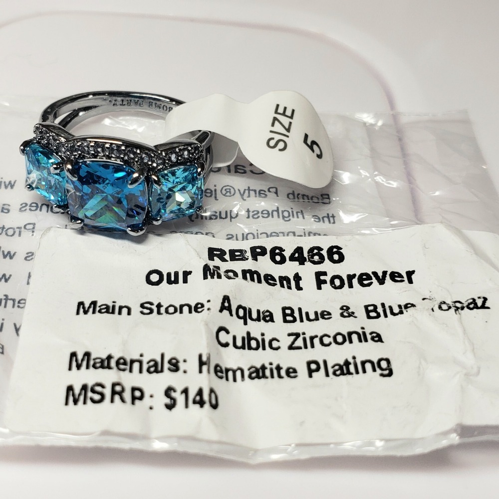 Bomb Party RBP6466 Sz 5 Ring OUR MOMENT FOREVER Aqua‎ Blue & Blue Topaz CZ NEW - Picture 2 of 2